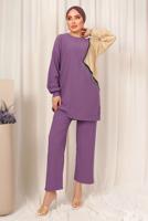 Tesettür giyim MOR ZİNCİR DETAYLI İKİ RENKLİ PANTOLONLU TAKIM T 9403