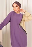 Tesettür giyim MOR ZİNCİR DETAYLI İKİ RENKLİ PANTOLONLU TAKIM T 9403