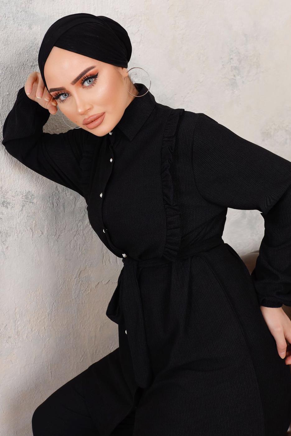 Tesettür giyim SİYAH FIRFIR DETAYLI KUŞAKLI İKİLİ PANTOLONLU TAKIM T 9503