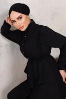 Tesettür giyim SİYAH FIRFIR DETAYLI KUŞAKLI İKİLİ PANTOLONLU TAKIM T 9503