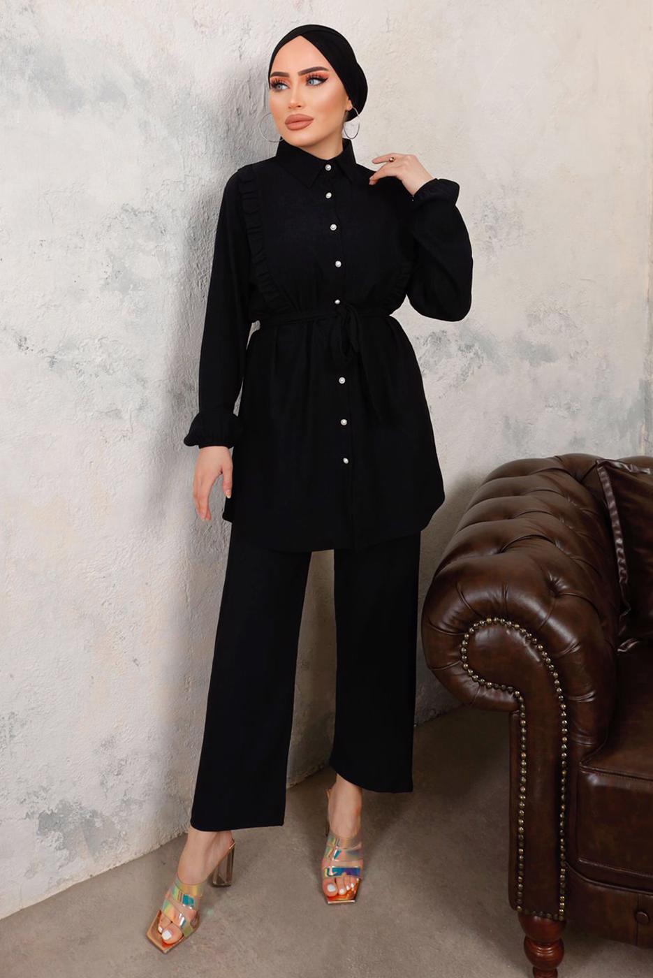 Tesettür giyim SİYAH FIRFIR DETAYLI KUŞAKLI İKİLİ PANTOLONLU TAKIM T 9503