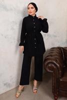 Tesettür giyim SİYAH FIRFIR DETAYLI KUŞAKLI İKİLİ PANTOLONLU TAKIM T 9503