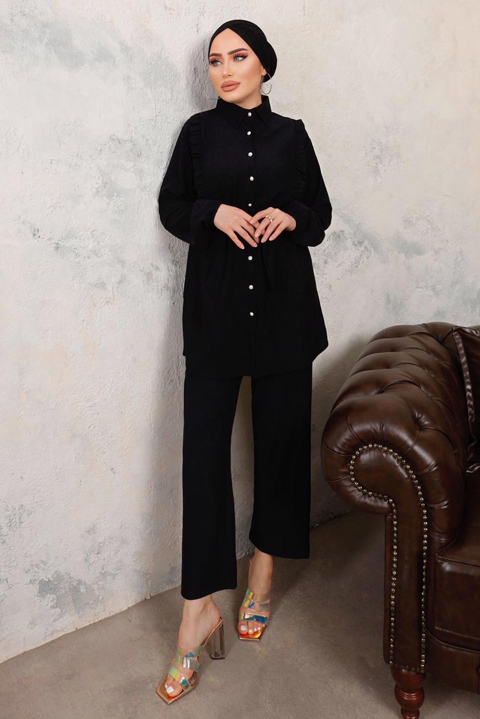 Tesettür giyim SİYAH FIRFIR DETAYLI KUŞAKLI İKİLİ PANTOLONLU TAKIM T 9503