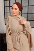 Tesettür giyim BEJ FIRFIR DETAYLI KUŞAKLI İKİLİ PANTOLONLU TAKIM T 9503