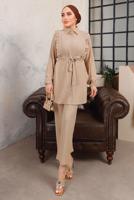 Tesettür giyim BEJ FIRFIR DETAYLI KUŞAKLI İKİLİ PANTOLONLU TAKIM T 9503