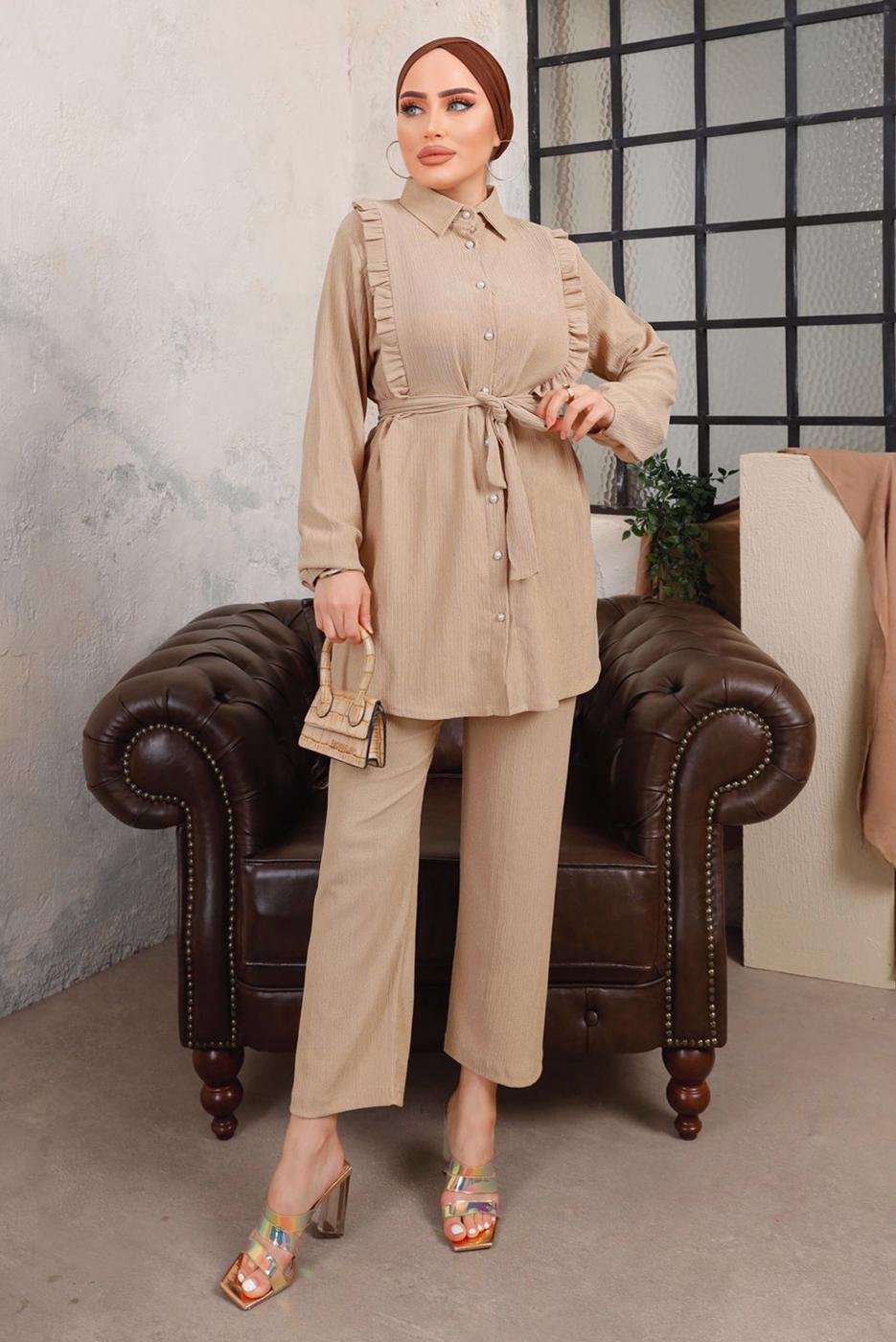 Tesettür giyim BEJ FIRFIR DETAYLI KUŞAKLI İKİLİ PANTOLONLU TAKIM T 9503