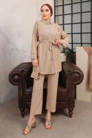 Tesettür giyim BEJ FIRFIR DETAYLI KUŞAKLI İKİLİ PANTOLONLU TAKIM T 9503