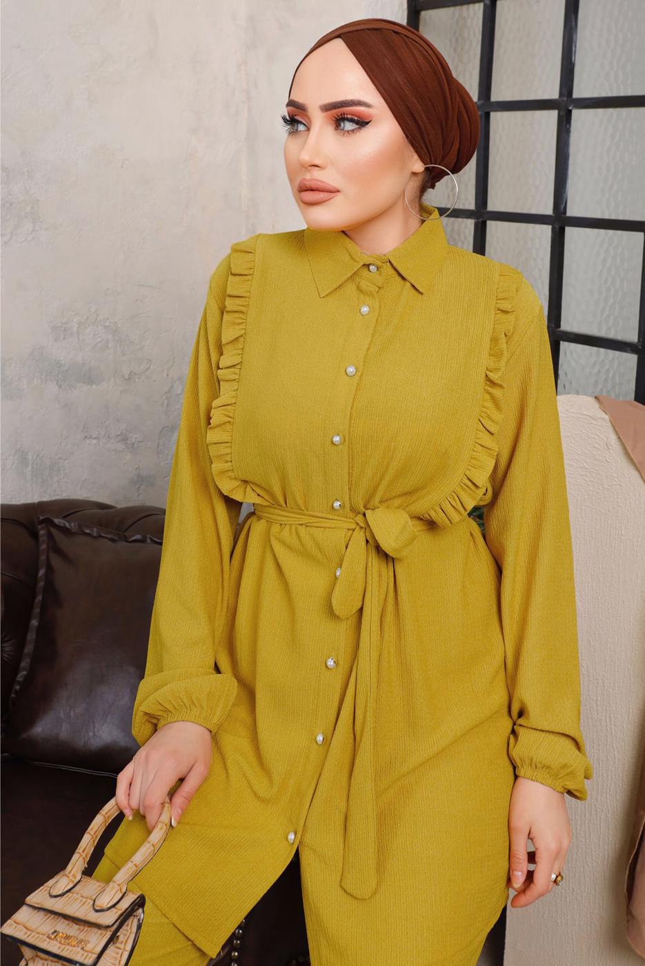 Tesettür giyim TURUNCU FIRFIR DETAYLI KUŞAKLI İKİLİ PANTOLONLU TAKIM T 9503