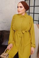 Tesettür giyim TURUNCU FIRFIR DETAYLI KUŞAKLI İKİLİ PANTOLONLU TAKIM T 9503