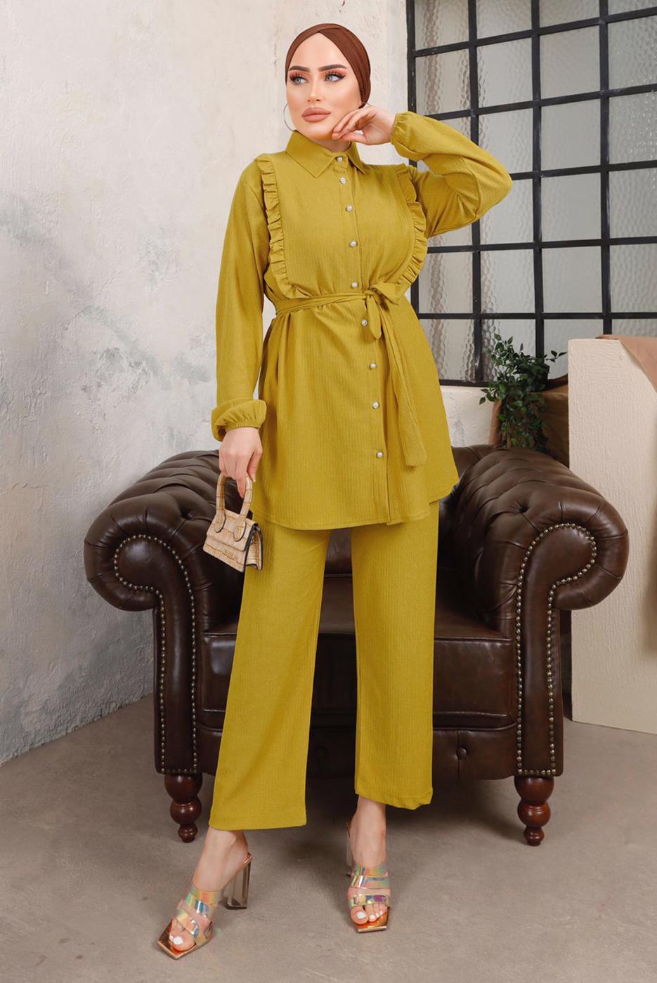 Tesettür giyim TURUNCU FIRFIR DETAYLI KUŞAKLI İKİLİ PANTOLONLU TAKIM T 9503