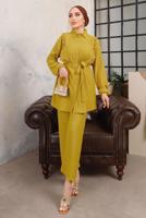 Tesettür giyim TURUNCU FIRFIR DETAYLI KUŞAKLI İKİLİ PANTOLONLU TAKIM T 9503
