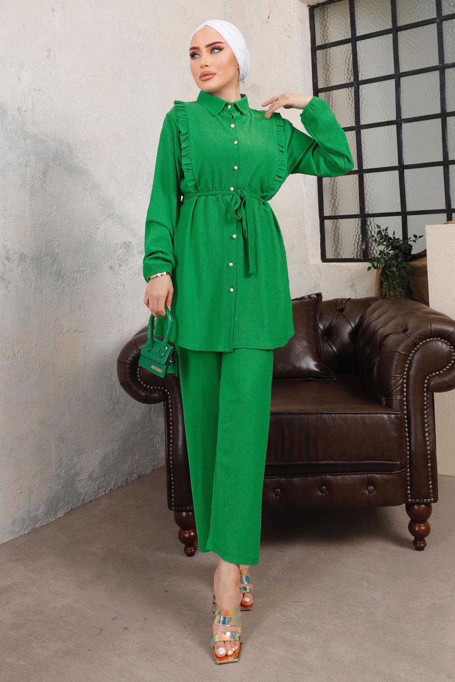 Tesettür giyim YEŞİL FIRFIR DETAYLI KUŞAKLI İKİLİ PANTOLONLU TAKIM T 9503