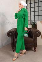 Tesettür giyim YEŞİL FIRFIR DETAYLI KUŞAKLI İKİLİ PANTOLONLU TAKIM T 9503