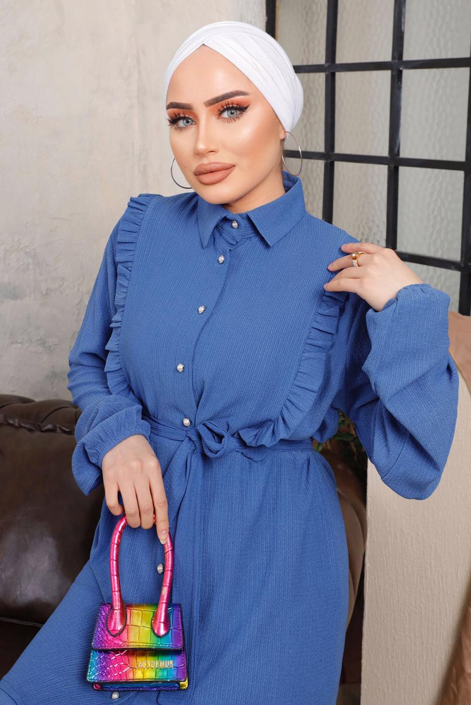 Tesettür giyim LACİVERT FIRFIR DETAYLI KUŞAKLI İKİLİ PANTOLONLU TAKIM T 9503