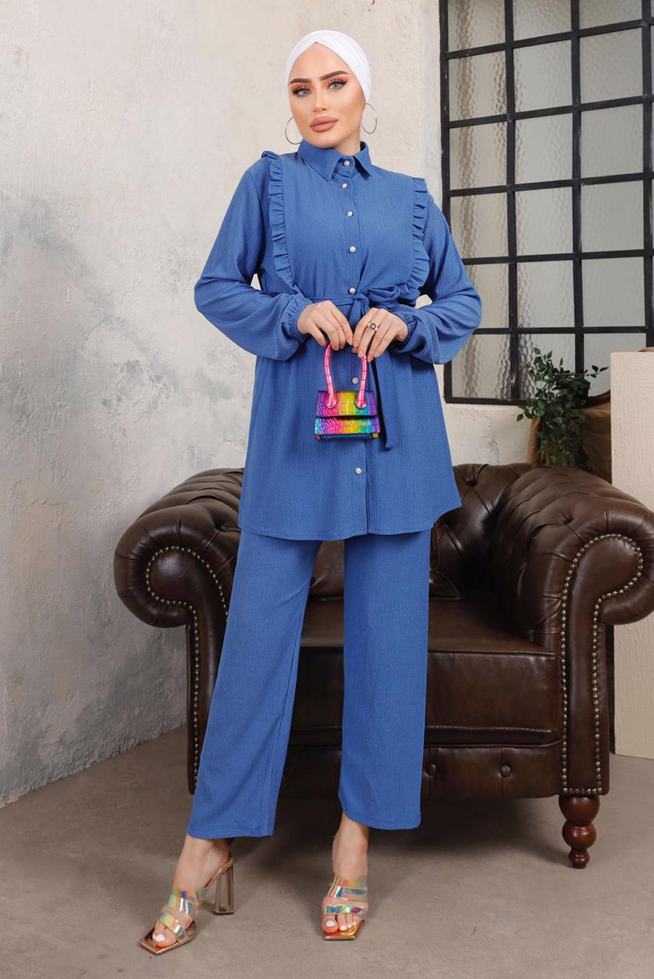 Tesettür giyim LACİVERT FIRFIR DETAYLI KUŞAKLI İKİLİ PANTOLONLU TAKIM T 9503