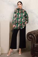 Tesettür giyim YEŞİL DESENLİ BELİ LASTİKLİ SATEN GÖMLEK TAKIM T 9703