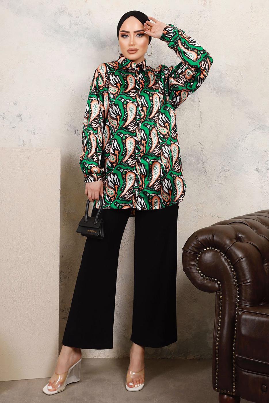 Tesettür giyim YEŞİL DESENLİ BELİ LASTİKLİ SATEN GÖMLEK TAKIM T 9703