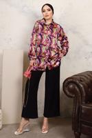 Tesettür giyim FUŞYA DESENLİ BELİ LASTİKLİ SATEN GÖMLEK TAKIM T 9703