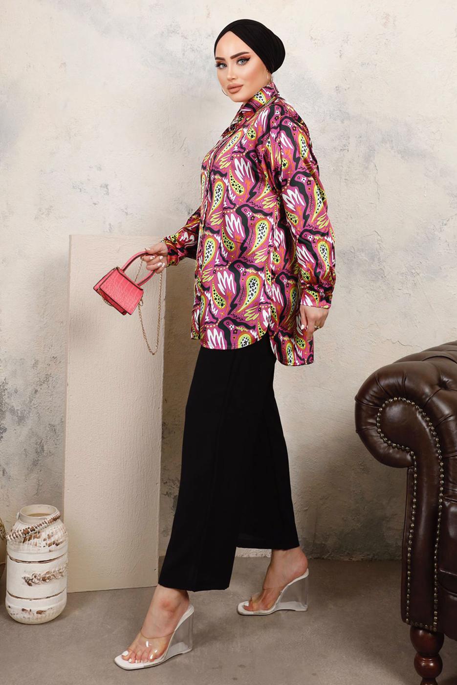 Tesettür giyim FUŞYA DESENLİ BELİ LASTİKLİ SATEN GÖMLEK TAKIM T 9703