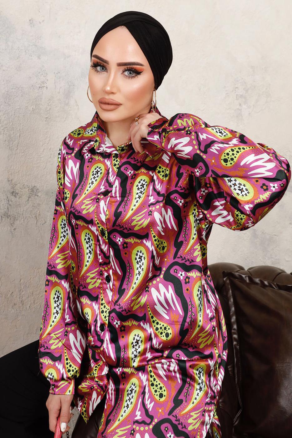 Tesettür giyim FUŞYA DESENLİ BELİ LASTİKLİ SATEN GÖMLEK TAKIM T 9703