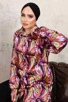 Tesettür giyim FUŞYA DESENLİ BELİ LASTİKLİ SATEN GÖMLEK TAKIM T 9703