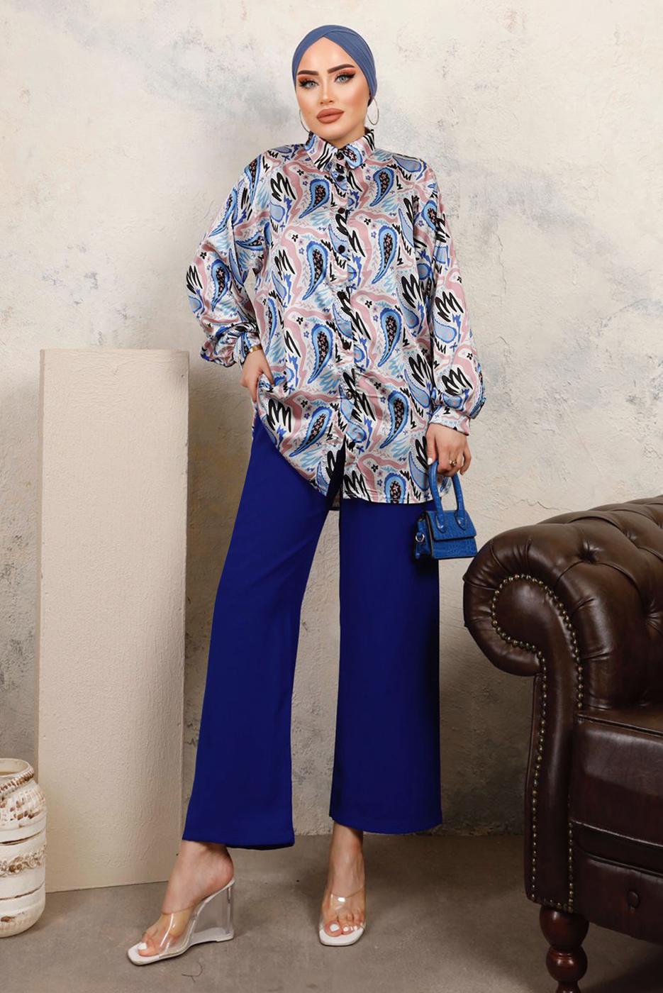 Tesettür giyim LACİVERT DESENLİ BELİ LASTİKLİ SATEN GÖMLEK TAKIM T 9703