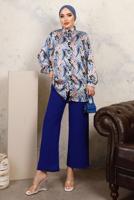 Tesettür giyim LACİVERT DESENLİ BELİ LASTİKLİ SATEN GÖMLEK TAKIM T 9703