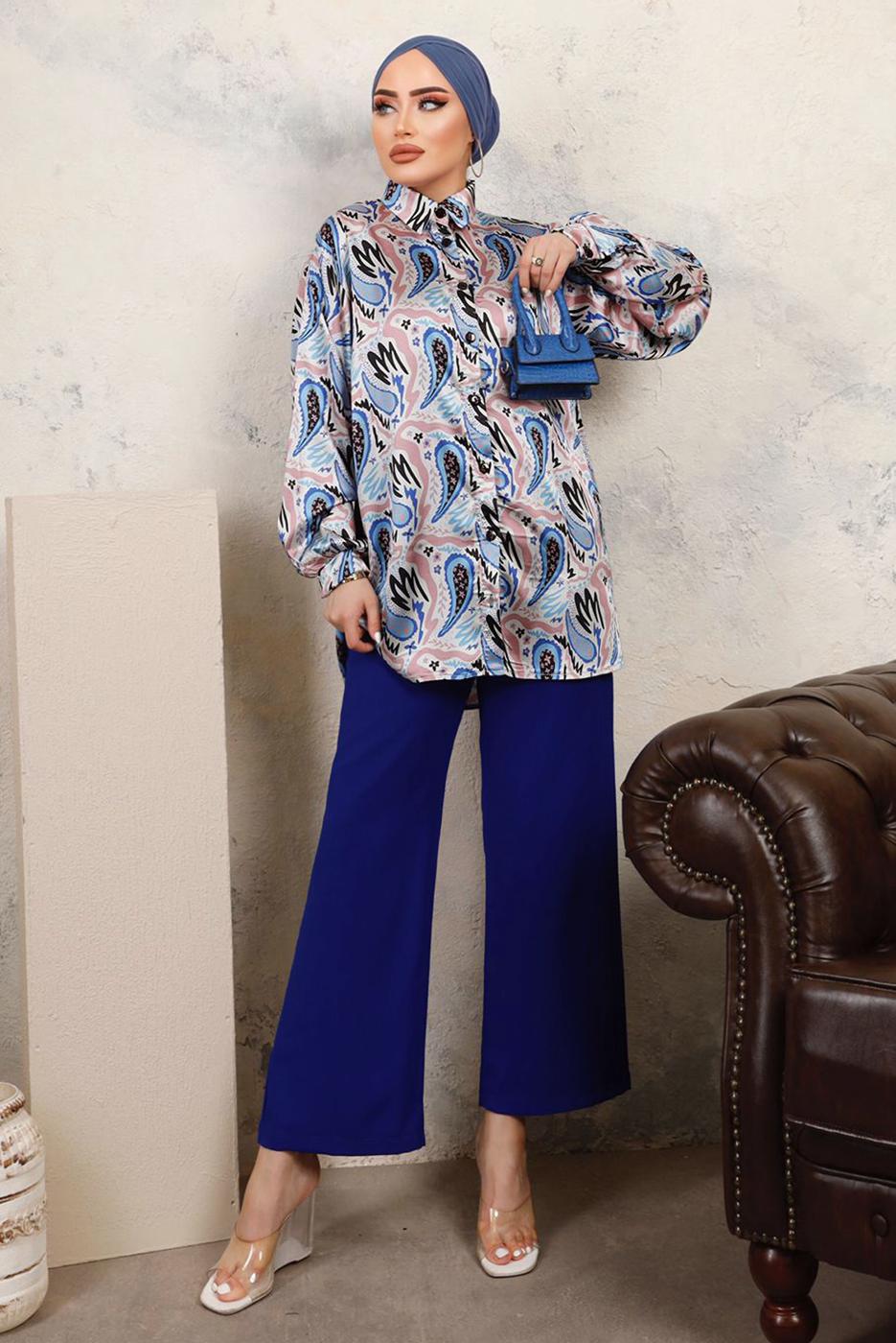 Tesettür giyim LACİVERT DESENLİ BELİ LASTİKLİ SATEN GÖMLEK TAKIM T 9703