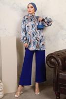 Tesettür giyim LACİVERT DESENLİ BELİ LASTİKLİ SATEN GÖMLEK TAKIM T 9703