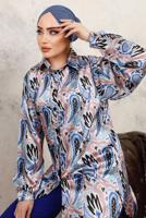 Tesettür giyim LACİVERT DESENLİ BELİ LASTİKLİ SATEN GÖMLEK TAKIM T 9703