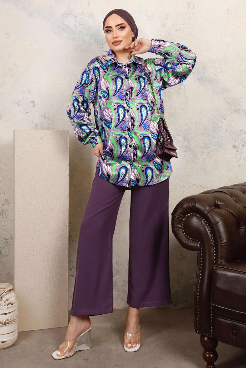 Tesettür giyim MOR DESENLİ BELİ LASTİKLİ SATEN GÖMLEK TAKIM T 9703