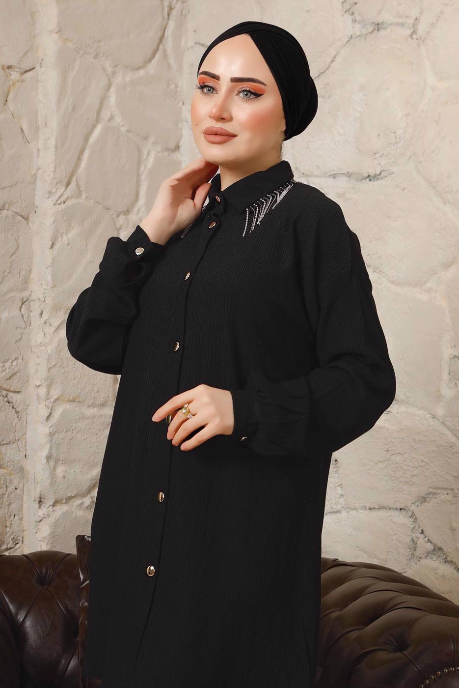 Tesettür giyim SİYAH YAKASI ZİNCİR DETAYLI BÜRÜMCÜK PANTOLONLU TAKIM T 9892