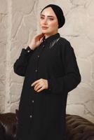 Tesettür giyim SİYAH YAKASI ZİNCİR DETAYLI BÜRÜMCÜK PANTOLONLU TAKIM T 9892