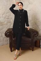 Tesettür giyim SİYAH YAKASI ZİNCİR DETAYLI BÜRÜMCÜK PANTOLONLU TAKIM T 9892