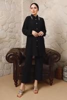 Tesettür giyim SİYAH YAKASI ZİNCİR DETAYLI BÜRÜMCÜK PANTOLONLU TAKIM T 9892