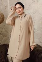Tesettür giyim BEJ YAKASI ZİNCİR DETAYLI BÜRÜMCÜK PANTOLONLU TAKIM T 9892