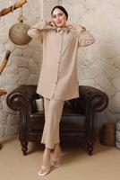 Tesettür giyim BEJ YAKASI ZİNCİR DETAYLI BÜRÜMCÜK PANTOLONLU TAKIM T 9892