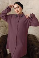 Tesettür giyim MOR YAKASI ZİNCİR DETAYLI BÜRÜMCÜK PANTOLONLU TAKIM T 9892