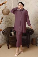 Tesettür giyim MOR YAKASI ZİNCİR DETAYLI BÜRÜMCÜK PANTOLONLU TAKIM T 9892