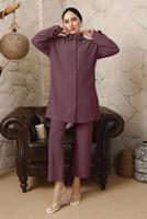 Tesettür giyim MOR YAKASI ZİNCİR DETAYLI BÜRÜMCÜK PANTOLONLU TAKIM T 9892