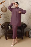 Tesettür giyim MOR YAKASI ZİNCİR DETAYLI BÜRÜMCÜK PANTOLONLU TAKIM T 9892