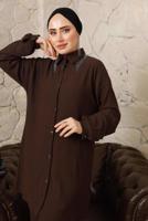 Tesettür giyim KAHVE YAKASI ZİNCİR DETAYLI BÜRÜMCÜK PANTOLONLU TAKIM T 9892