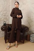 Tesettür giyim KAHVE YAKASI ZİNCİR DETAYLI BÜRÜMCÜK PANTOLONLU TAKIM T 9892