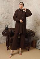 Tesettür giyim KAHVE YAKASI ZİNCİR DETAYLI BÜRÜMCÜK PANTOLONLU TAKIM T 9892