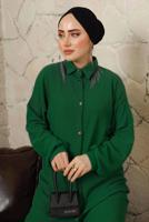 Tesettür giyim YEŞİL YAKASI ZİNCİR DETAYLI BÜRÜMCÜK PANTOLONLU TAKIM T 9892