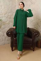 Tesettür giyim YEŞİL YAKASI ZİNCİR DETAYLI BÜRÜMCÜK PANTOLONLU TAKIM T 9892