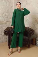 Tesettür giyim YEŞİL YAKASI ZİNCİR DETAYLI BÜRÜMCÜK PANTOLONLU TAKIM T 9892