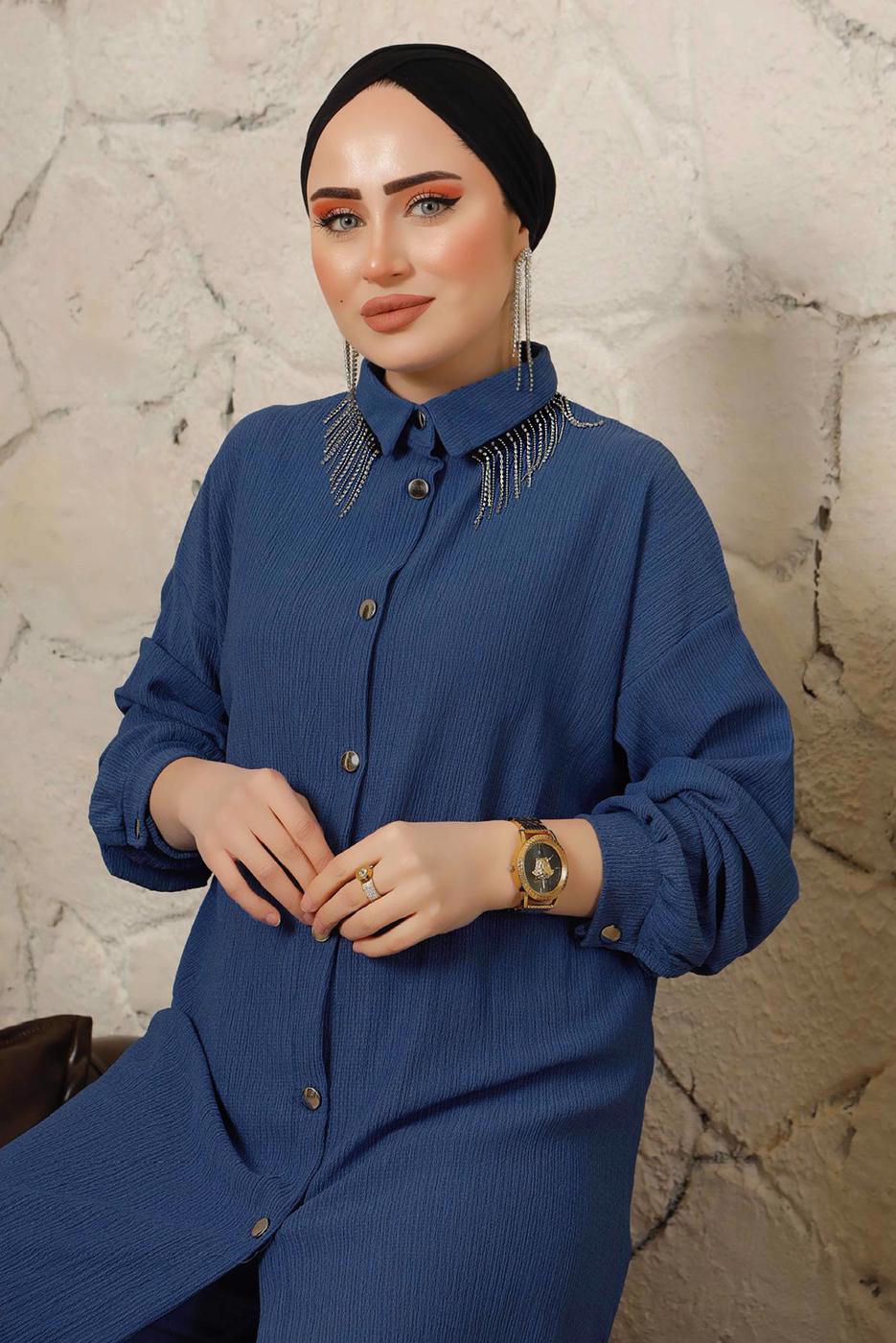 Tesettür giyim LACİVERT YAKASI ZİNCİR DETAYLI BÜRÜMCÜK PANTOLONLU TAKIM T 9892