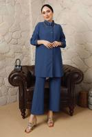 Tesettür giyim LACİVERT YAKASI ZİNCİR DETAYLI BÜRÜMCÜK PANTOLONLU TAKIM T 9892