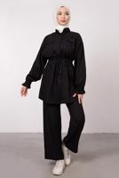 Tesettür giyim SİYAH CEP DETAYLI KETEN GÖRÜNÜMLÜ PANTOLONLU TAKIM T 9985